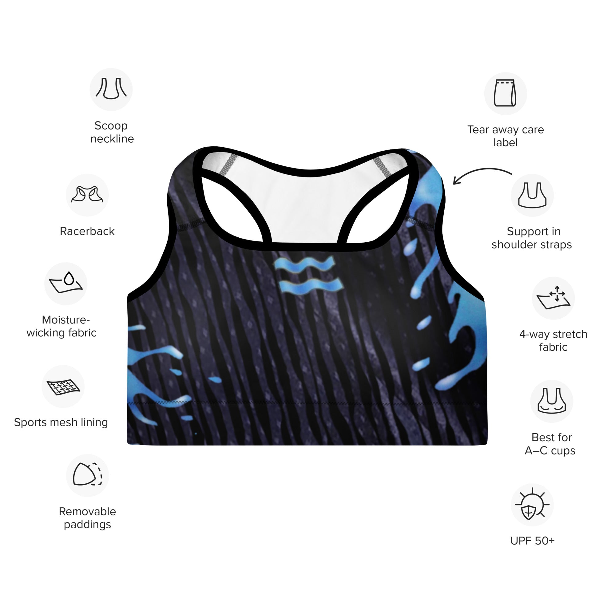Black Sports Bra. Gym Top for Women. Workout Wear for Aquarians. "Cosmic Aqua" by WickedYo.